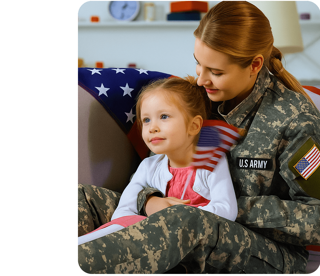military mom on coach with daughter