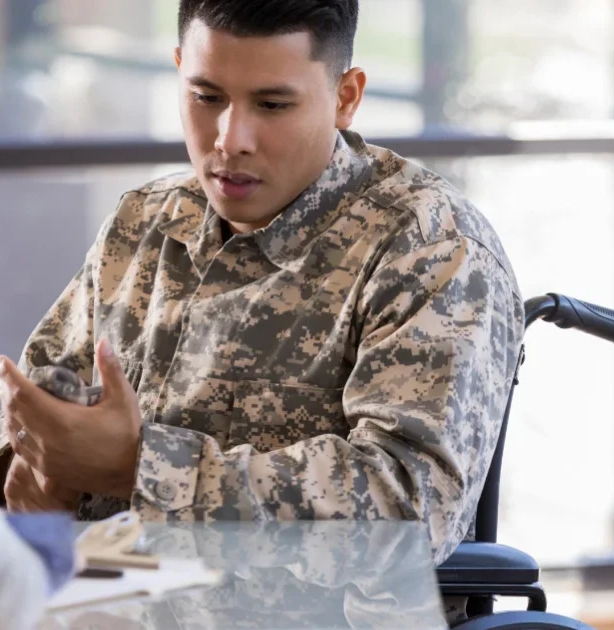 man in military clothing in wheelchair